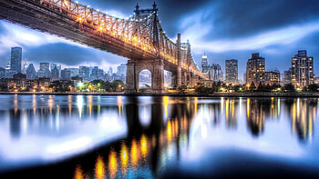 magnificent queensborough bridge in nyc r, river, city, lights, clouds, bridge, r HD wallpaper