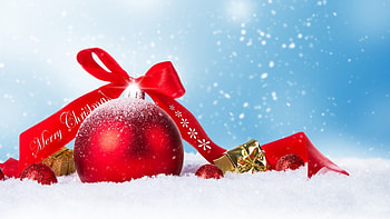Bright Red Ball and Ribbon, winter, Feliz Navidad, holiday, Christmas, ribbon, snow, gift, red decorations HD wallpaper