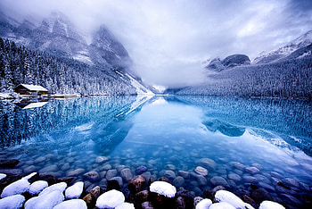 Winter Lake, House, Mountain, Snow, Canada HD wallpaper