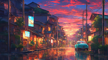 Crimson Dusk Street — Anime Landscape | AI Digital Art, anime landscape, landscape, Digital Art, AI Art, Anime HD wallpaper