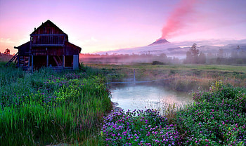 Abandoned House, morning, landscape, sunrise, lake, clouds, nature, sky, mountains, water HD wallpaper