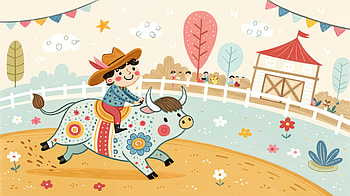Vibrant Rodeo Adventure: Ultra, rodeo, cowboy, bull, child, illustration HD wallpaper