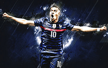 Kylian Mbappe, France national football team, French footballer, portrait, Mbappe art, France, football, blue stone background HD wallpaper