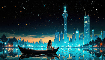 Anime Girl In Boat Overlooking Neon City, anime-girl, boat, neon, city, black, dark, star, building, artist, artwork, art, digital-art, ai, deviantart HD wallpaper