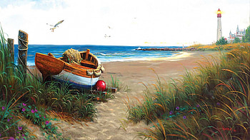 Evening at the coast, artwork, sea, boat, lighthouse, painting, beach HD wallpaper