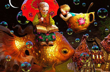 Wonderland, artwork, book, goldfish, grandma, cup, bubbles, child HD wallpaper