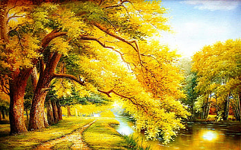 Autumn landscape, river, nice, shore, painting, trees, golden, art, path, fall, landscape, beautiful, falling, leaves, branches, nature, sky, lovely HD wallpaper