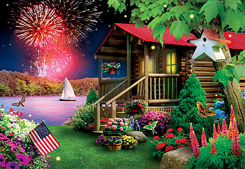 Summer Celebration, artwork, fireworks, boat, trees, flowers, flag, cabin, lake, digital HD wallpaper