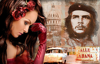 Postcard of Cuba, roses, car, cuban, beauty, woman, red, dreamy, lovely, female HD wallpaper