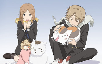 Natsume, winter, anime, snow, cat, friends, youkai HD wallpaper