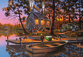 Eugene's Hunting & Fishing, artwork, boat, painting, car, trees, pier, water, cabin HD wallpaper