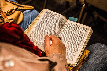 A person reading a Bible indoors, symbolizing spirituality and devotion. HD wallpaper