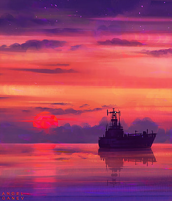 Sunset, Sky, Art, Sea, Clouds, Horizon, Ship HD phone wallpaper