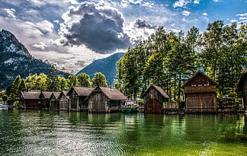 Boathouse, trees, nature, water HD wallpaper