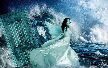 Sea angel, sea, door, fantasy, angel, woman HD wallpaper