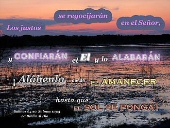 Los Justos se Regocijarán en el Señor, Bible, lake, sunset, clouds, bushes, water HD wallpaper