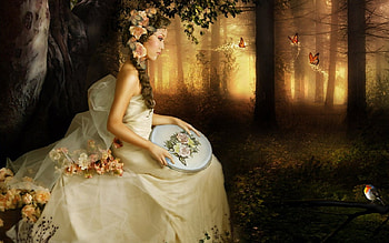 Daydreaming, girl, fantasy, asian, butterfly, forest HD wallpaper
