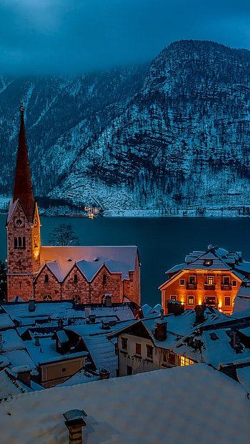Winter Night in Hallstatt, Austria, mountain, snow, winter, night, house, town, man made, winter night, Snowy Mountain, night snow HD phone wallpaper