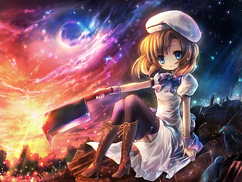 Anime, glow, girl, dress, moon, light, shine, short hair, knife, sun, hat HD wallpaper