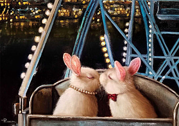 Ferris Wheel Kiss, bunnies, digital, art, lights, carousel HD wallpaper