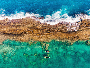 Aerial view, surfers, waves, coast HD wallpaper