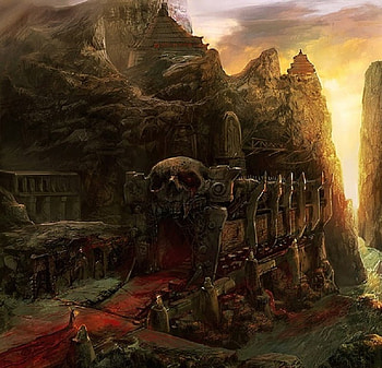 Enter at your Peril, fantasy, landscape, skull, bridge, building, road, mountain HD wallpaper