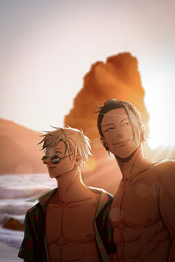 Gojou x Getou at Beach, sunglasses, Jujutsu Kaisen, sunset, handsome HD phone wallpaper