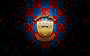 Manama Club FC, glitter logo, Bahraini Premier League, blue red checkered background, soccer, Bahraini football club, Manama Club logo, mosaic art, football, Manama Club HD wallpaper