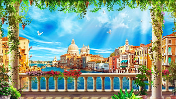 View of Venice, flowers, city, balcony, buildings, canal, painting HD wallpaper