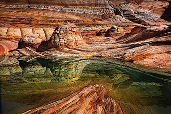 Rock formation, valley, lake, reflections HD wallpaper