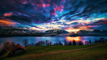 Lake Thun, Bernese Alps, Switzerland, trees, clouds, colors, sky, mountains, water, reflections, sunset HD wallpaper