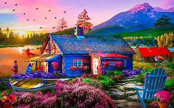 Living in the mountains, chair, river, boat, birds, fishing, landscape, cabin, painting, flowers HD wallpaper