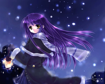 Capura Lin, night, yellow eyes, purple hair, cute, girl, long hair, anime, snow, original, cool HD wallpaper
