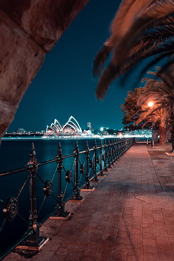 A serene night view of Sydney Opera House from a waterfront walkway, illuminated beautifully. HD phone wallpaper