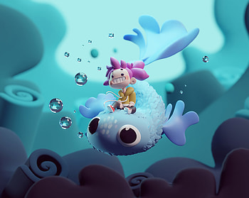Underwater, child and fish, artwork HD wallpaper