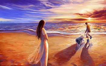 Art, Shore, Bank, Couple, Pair, Dog, , Drawing, Paints, Canvas HD wallpaper