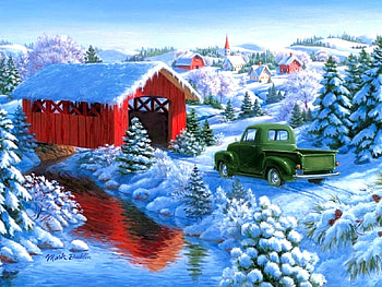 Covered Bridge, winter, white trees, holidays, attractions in dreams, paintings, love four seasons, pickup, Christmas, villages, snow, xmas and new year, bridges HD wallpaper
