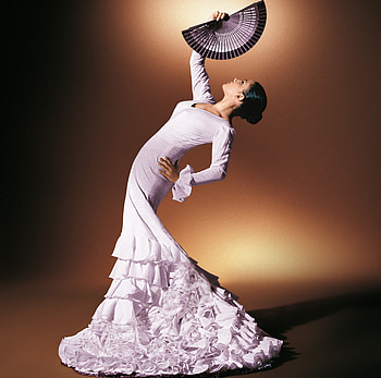 Art, spain, spanish, dancer, brunette, girl, andalucia, dress, fan, costume, flamenco HD wallpaper