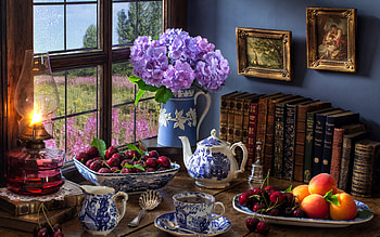 Still life, Hydrangea, Berries, Window, , Books, Lamp HD wallpaper