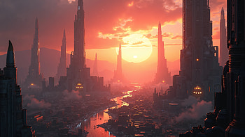 Quad — Dawn Over a Sci‑Fi River City, sunrise, city, river, Sci Fi, sci fi city HD wallpaper