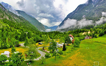 slovenian vilage in a green valley r, valley, green, clouds, forests, r, mountains HD wallpaper