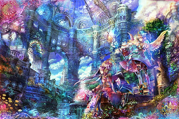 Girls, wings, anime, sky, flowers, water HD wallpaper