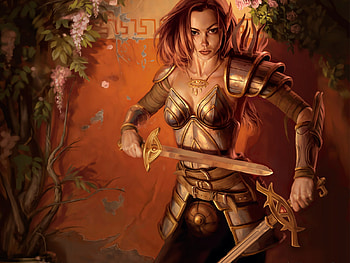 Back against the Wall, swords, fantasy, armour, flowers, redhead, warrior, female HD wallpaper