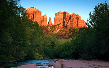 Cathedral Rock Sedona, Arizona Just Before Sunset, river, trees, sky, water, stones, usa HD wallpaper