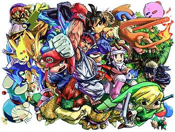 cross over, snake, captain falcon, mario, nintendo, link, metal gear solid, anime, monferno, capcom, ryu, luigi, bowser, kirby, pokemon HD wallpaper