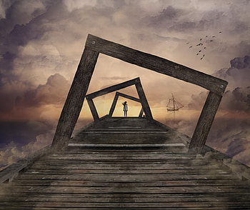 Art, Clouds, Pier, Wood, Wooden, Girl, Ship, Surrealism, Scope, Framework HD wallpaper