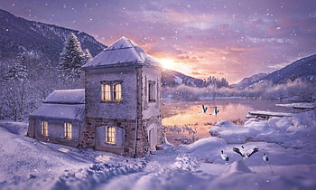 Memories of a Winter Morning, winter, Pond, morning, Peaceful, snow, house, Home, Mountains HD wallpaper