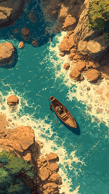Boat Drifting Through a Rocky Coastal Cove, landscape, illustration, Anime Art HD phone wallpaper