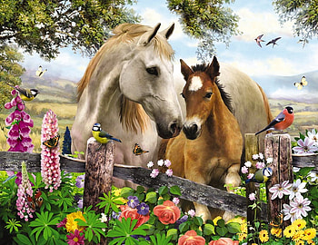 summer time, butterflies, summer, horses, birds, painting, fantasy, flowers HD wallpaper