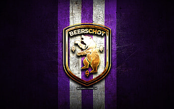 Beerschot FC, golden logo, Jupiler Pro League, violet metal background, football, belgian football club, K Beerschot VA logo, soccer, K Beerschot VA, Koninklijke Beerschot HD wallpaper